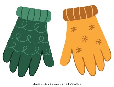 A pair of colorful winter mittens in cartoon style. Hand drawn warm gloves clipart. Vector illustration