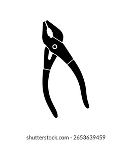 A pair of combination pliers as a solid black silhouette icon. A simple graphic of a hand tool for construction, repair, or a workshop.