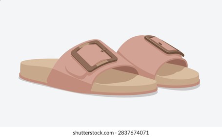 Pair of comfortable casual slide sandals in a soft dusty pink color with brown buckles isolated on a light gray background.