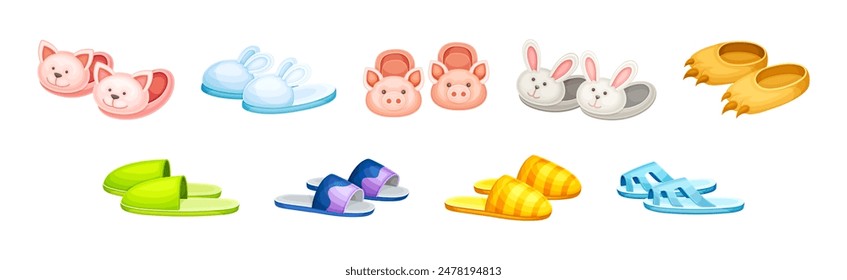 Pair of Comfortable Slippers as Soft Textile Footwear for Home Vector Set