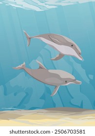 A pair of Common bottlenose dolphin swim in warm sea water. Realistic vector vertical underwater landscape