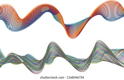 A pair of complex double-layered ribbon waves with the top ribbon demonstrating its moire effect in red, orange and blue and the bottom ribbon in multi-threaded waves of multiple colored lines.
