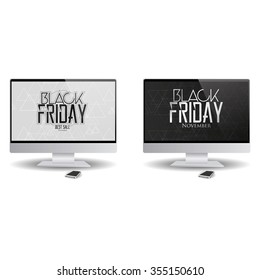 Pair of computer screens with black friday backgrounds