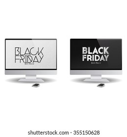 Pair of computer screens with black friday backgrounds