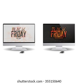 Pair of computer screens with black friday backgrounds