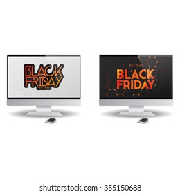 Pair of computer screens with black friday backgrounds
