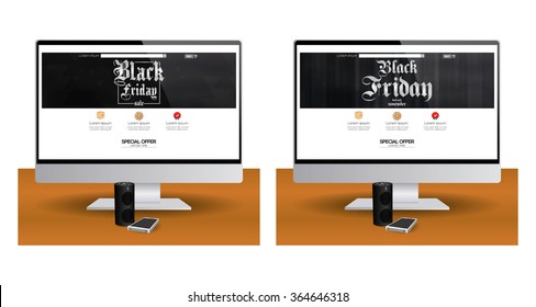 Pair of computer screens with different black friday web templates