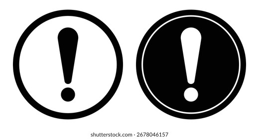 Ein Paar kontrastierender Ausrufezeichensymbole, eines auf weißem Hintergrund und das andere auf schwarzem Hintergrund, die Warnungen und wichtige Hinweise darstellen.