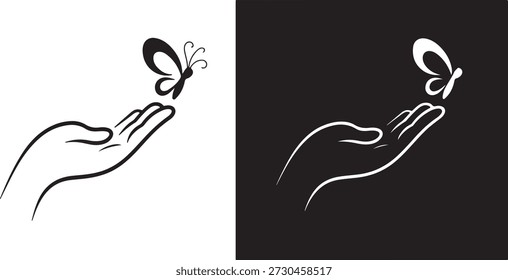 Un par de siluetas contrastantes con una mano abierta con una mariposa, una en negro sobre blanco, la otra en blanco sobre negro.
