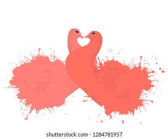 Pair of coral enamored doves with watercolor sprays. Vector illustration for invitation, greeting card and your creativity