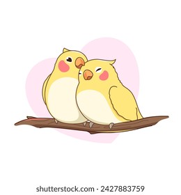 A pair of corella parrots sitting on a tree branch and hugging on a heart background. Cute birds illustration, cartoon style drawing