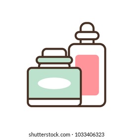Pair of cosmetic products, color vector illustration of two cute bottles with oval and rectangular labels, black contour, isolated on white background