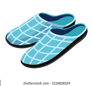 Pair of cosy, soft house slippers in light blue gingham, checkered print textile, close up, domestic and comfortable footwear, colourful isolated graphic flat vector illustration on white background