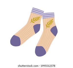 Paar aus Baumwollsocken. Trendy Wollfußbekleidung. Leichte Fußbekleidung. Handgefertigte warme Ware für Beine. Flache Vektorgrafik einzeln auf weißem Hintergrund