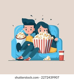 A pair of couple cuddled up on a cozy couch, watching a romantic movie and sharing a bowl of popcorn. flat-style vector illustration