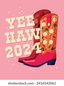 A pair of cowboy boots decorated with flowers and a hand lettering message Yeehaw 2024 on pink background. Happy New Year colorful hand drawn vector illustration in bright vibrant colors. 