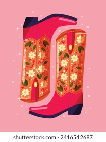 A pair of cowboy boots decorated with flowers on pink background. Vibrant and colorful vector illustration. 