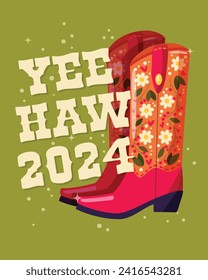 A pair of cowboy boots decorated with flowers and a hand lettering message Yeehaw 2024 on green background. Happy New Year colorful hand drawn vector illustration in bright vibrant colors. 