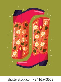 A pair of cowboy boots decorated with flowers on green background. Vibrant and colorful vector illustration. 