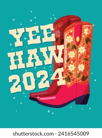 A pair of cowboy boots decorated with flowers and a hand lettering message Yeehaw 2024 on blue background. Happy New Year colorful hand drawn vector illustration in bright vibrant colors. 