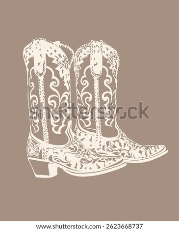 Pair of cowboy boots with a floral design on them. The boots are white and brown. The boots are on a tan background