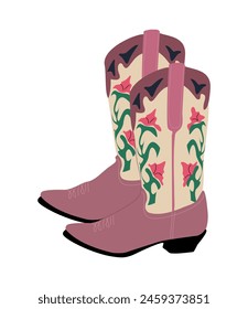 A pair of cowboy boots with flower ornament. Cowgirl boots drawn in a cartoon style, pink, white and brown colors. Hand drawn vector illustration isolated on white background.