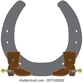 A pair of cowboy boots in front of a large horse shoe with room for copy