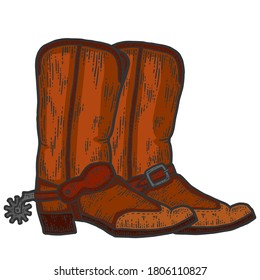 Un par de botas de vaquero, boceto. Imitación de tablero de raquetas. Imagen de color dibujada a mano.