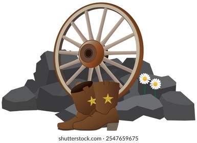 A pair of cowboy boots and a wagon wheel are resting against a pile of rocks