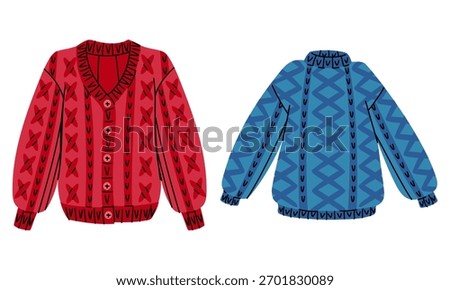 pair of cozy, thick-knit sweaters. The sweater is blue with a collar, and the red sweater has buttons and a neckline. For winter fashion, cozy stickers, seasonal clothing designs, and cozy home decor