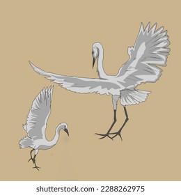 A pair of cranes, flapping its wings, with a brown background