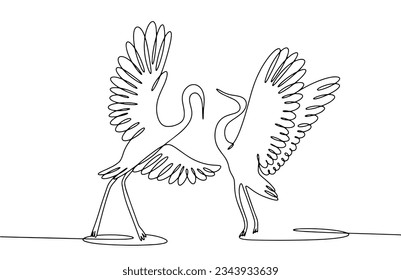 A pair of cranes flirt with each other. Beautiful birds. World Crane Day. One line drawing for different uses. Vector illustration.