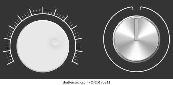 A pair of Creative vector illustration of dial knob level technology settings, music metal button with circular processing isolated on background.