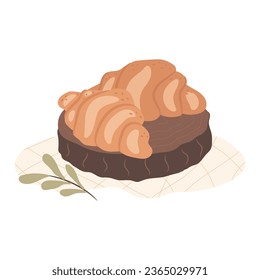 Pair of croissants on the wooden tray. Vector illustration 