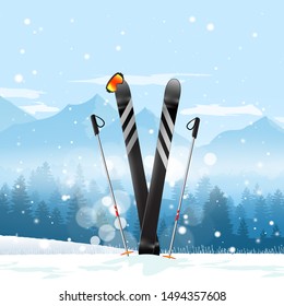 Pair of cross skis in snow. Ski winter mountain landscape background. Vector illustration.