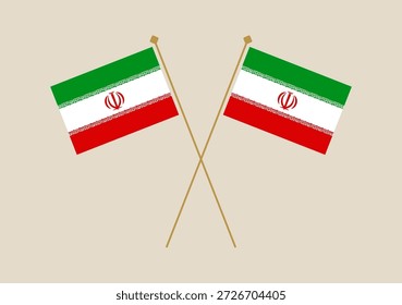 A pair of crossed Iranian flags on poles, an isolated vector illustration symbolic of national pride and diplomacy..
