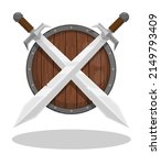 Pair of crossed knight swords against background of wooden Scandinavian shield. Ancient viking weapon. Cartoon vector isolated on white background