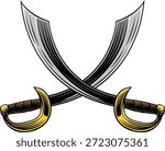A pair of crossed pirate scimitar cutlass saber swords heraldry design element in a vintage retro woodcut style