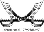 A pair of crossed pirate scimitar cutlass saber swords heraldry design element in a vintage retro woodcut style