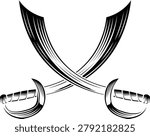A pair of crossed pirate scimitar cutlass saber swords heraldry design element in a vintage retro woodcut style