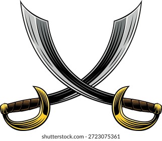 Ein Paar gekreuzte Piraten-Ischimitar Schneider Säbel Schwerter heraldry Design Element in einem Vintage Retro Holzschnitt Stil