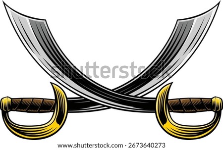 A pair of crossed pirate scimitar cutlass saber swords heraldry design element in a vintage retro woodcut style