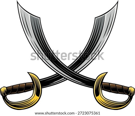 A pair of crossed pirate scimitar cutlass saber swords heraldry design element in a vintage retro woodcut style