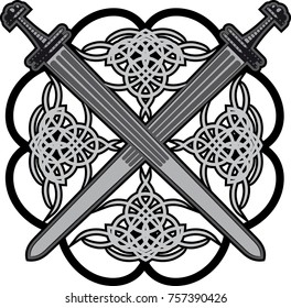 a pair of crossed swords in the old frame of a Celtic pattern