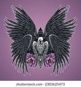 a pair of crows accompanying each other, and perched on a beautiful flower. crows are often associated with something bad.
