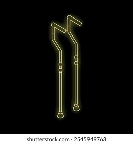 Pair of crutches with adjustable height glowing neon yellow on black background