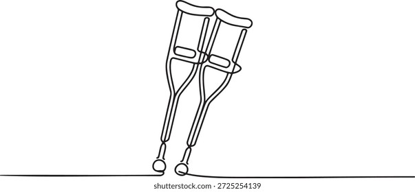 Un par de muletas representadas en un simple dibujo de línea continua. Representa ayuda para la movilidad, recuperación, lesiones, rehabilitación y Asistencia. Simboliza la superación de los desafíos, el proceso de curación y la esperanza de caminar de nuevo. Ideal para temas médicos, de salud y de asistencia.