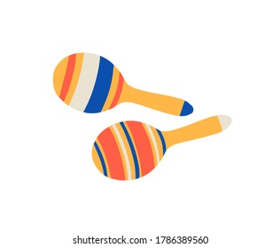 Pair of cuban, mex, mexican maracas for traditional hispanic fiesta or carnival. Music percussion, colorful ornamental rattle instrument. Flat vector cartoon illustration isolated on white background