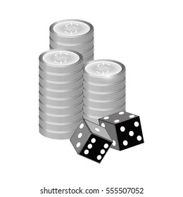 pair of cubes and casino chips over white background. gambling games design. vector illustration