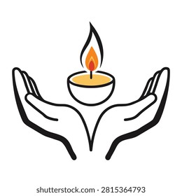 Pair of cupped human hands cradling small burning earthen diya lamp, representing faith, peace, devotion, light, and warmth.